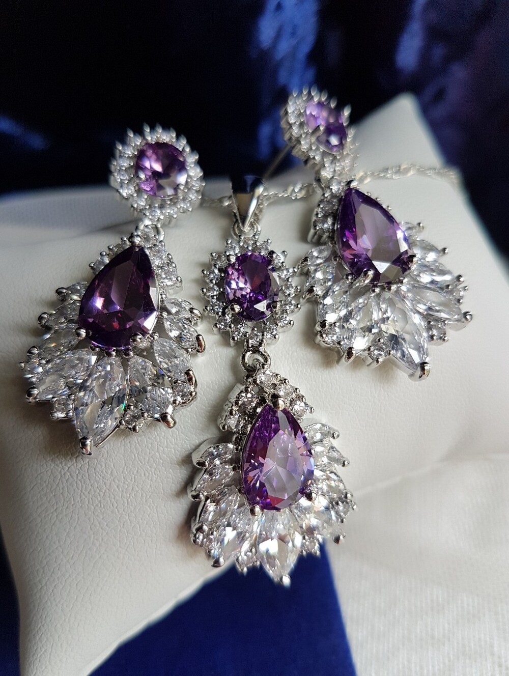 Swarovski Elements 925 Sterling Silver Amethyst Purple Marquis Necklace NEW